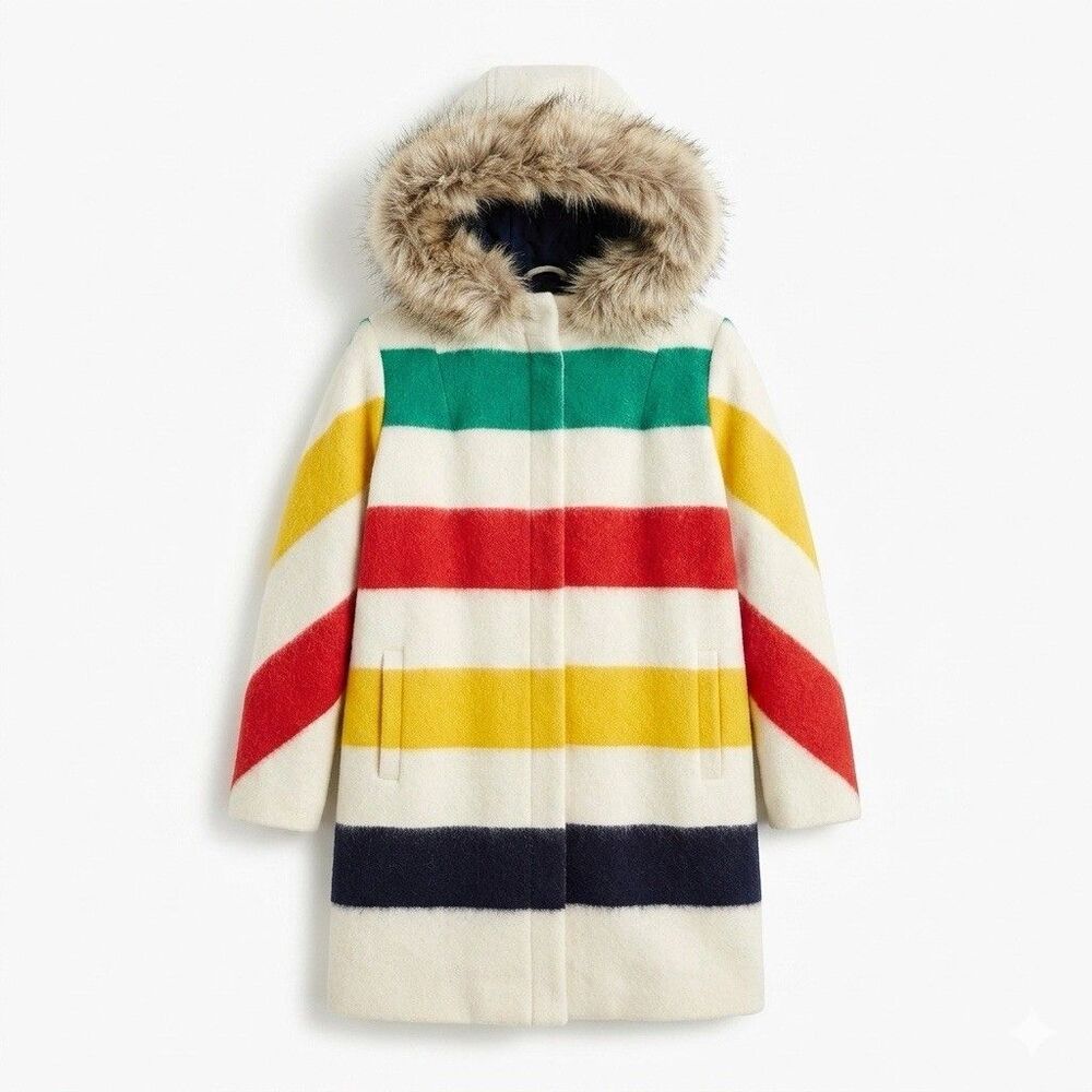 Vintage 60s Hudsons Bay Wool Coat Blanket Striped Fur Hood Parka Womens L XL